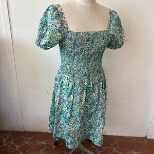 Copper Key Smocked Dress Womens XL Blue Floral Puff Sleeves Cottagecore Y2K